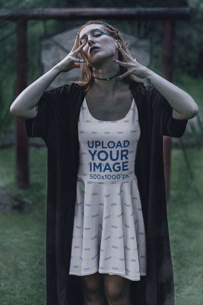 Skater Dress Mockup Featuring a Woman Posing in a Dark Forest-Inspired Outfit m29728