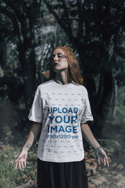 Oversized Tee Mockup of a Woman with Dark Forest-Inspired Makeup