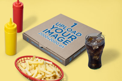 Mockup of a Pizza Box Surrounded by Fast Food Graphics
