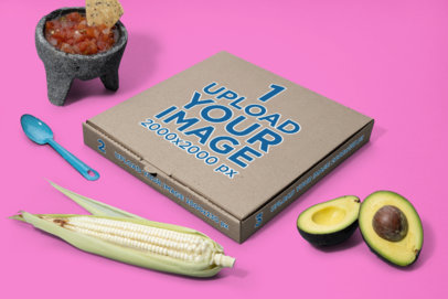 Mockup of a Pizza Box Placed Between Mexican Cuisine Ingredients