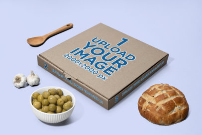 Mockup of a Pizza Box Surrounded by Mediterranean Food Items