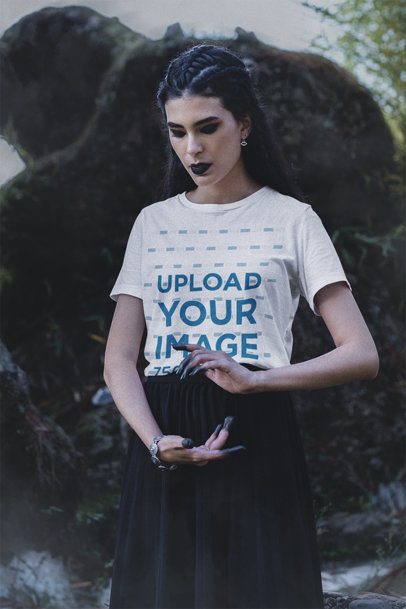 Bella Canvas Tee Mockup Featuring a Dark-Haired Woman in a Forest