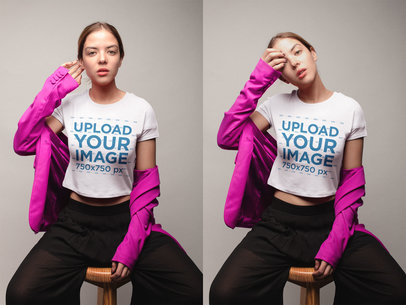 Diptych T-Shirt Mockup of a Girl Sitting on a Stool a19552