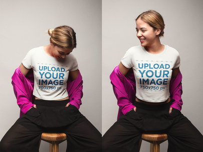 Multishot T-Shirt Mockup of a Girl Sitting on a Wooden Stool with a Pink Jacket a19553