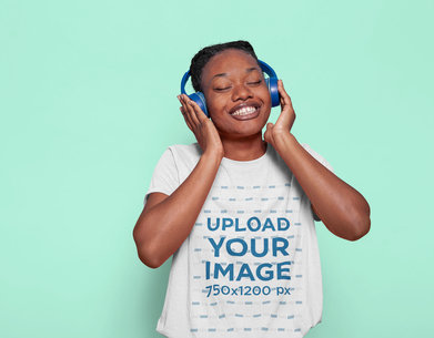 Crewneck Tee Mockup Featuring a Happy Woman with Headphones