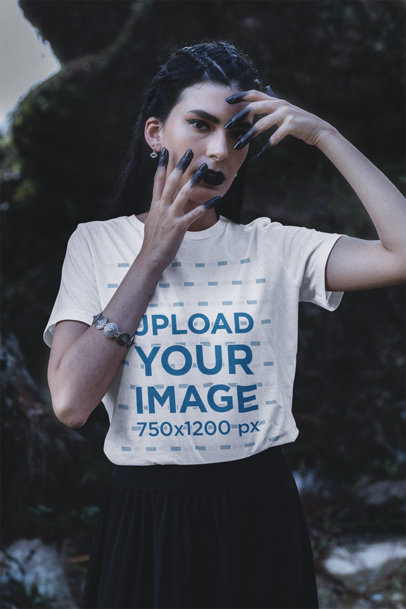 Bella Canvas T-Shirt Mockup Featuring a Woman With Dark Nail Polish