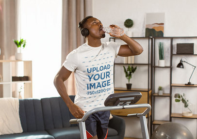 T-Shirt Mockup of a Man on a Treadmill Drinking Water