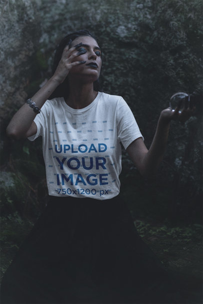 Wicca-Themed Mockup of a Woman Wearing a Bella Canvas T-Shirt