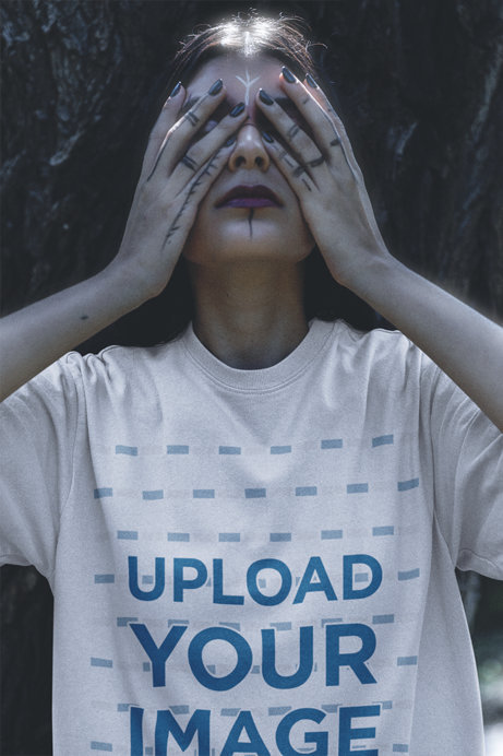 Tee Mockup Featuring a Woman With Wicca-Themed Makeup