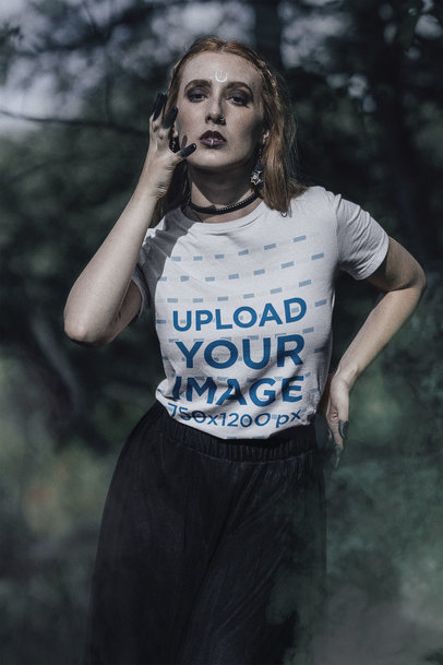 Wicca-Themed Mockup Featuring a Woman Wearing a Bella Canvas T-Shirt