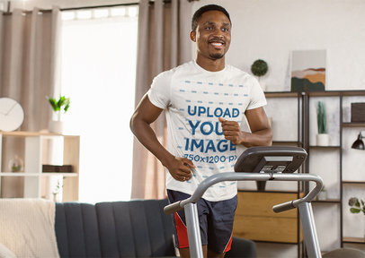 Rounded-Neck Tee Mockup of a Smiling Man Running on a Treadmill