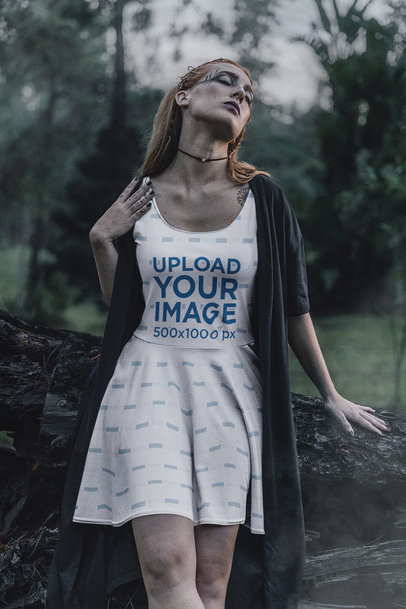 Mockup of a Red-Haired Woman in a Skater Dress Leaning over a Log  m29727