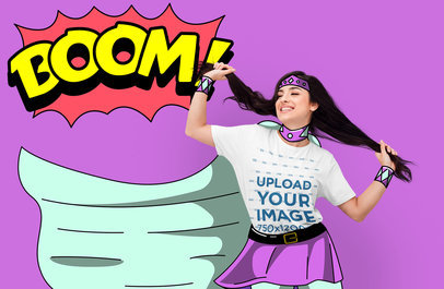 Round-Neck T-Shirt Mockup Featuring a Superhero Woman