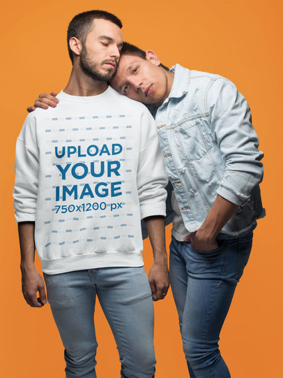 Gay Sweater Mockup of a Couple Hugging in a Blue Room a19975