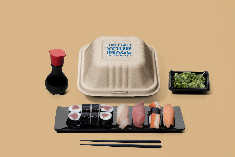 Mockup of a Clamshell Packaging Placed Between Exchangeable Japanese Food