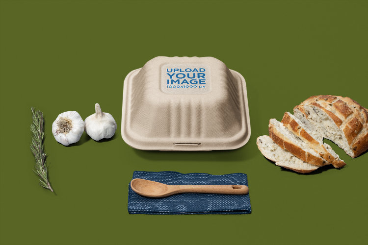 Clamshell Takeout Container Mockup Featuring Customizable Mediterranean Food