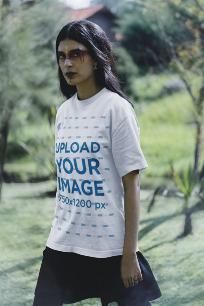 Oversized Tee Mockup of a Woman with Dark Forest-Inspired Makeup 