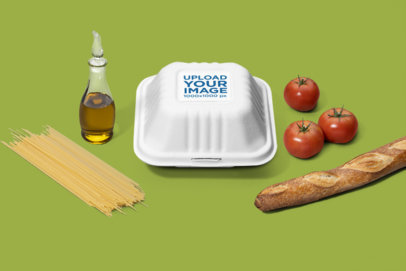 Mockup of a Clamshell Container Surrounded by Italian Food