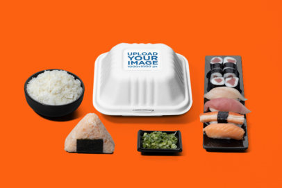 Clamshell Container Mockup Featuring Sushi and Rice
