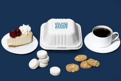 Mockup of a Clamshell Container Surrounded by Coffee Shop Desserts