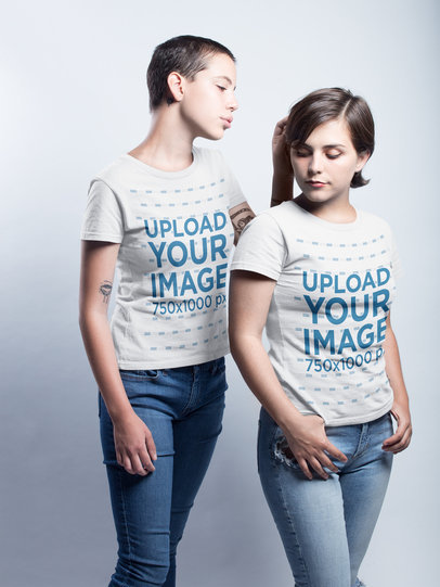 T-Shirts Mockup of Two Short-Haired Women in a Studio