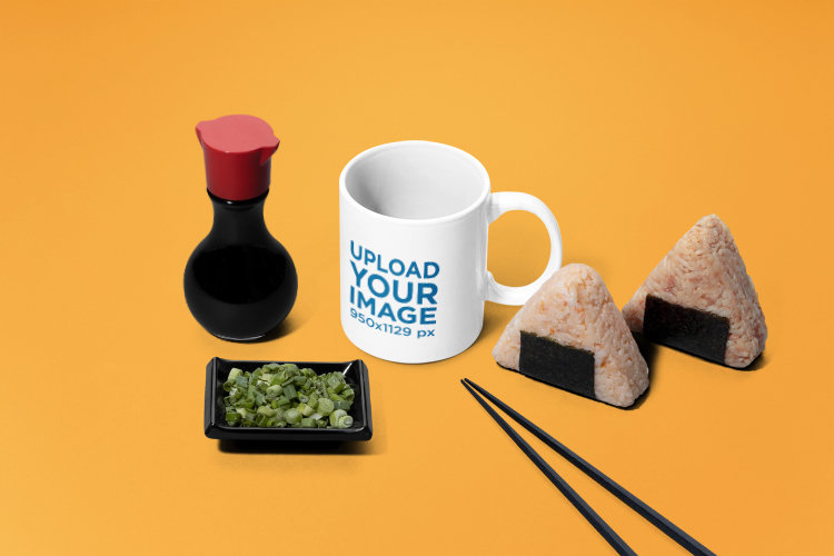 Mug Mockup Featuring Exchangeable Japanese Food Items