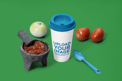 Mockup of a Coffee Cup Surrounded by Mexican Food