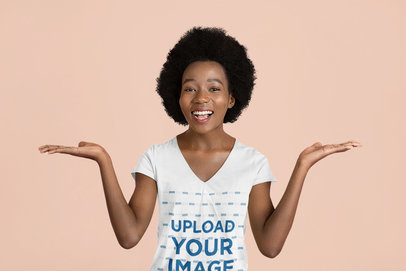 Mockup of a Woman with an Afro Hairstyle Wearing a Deep V-Neck Tee Mockup 