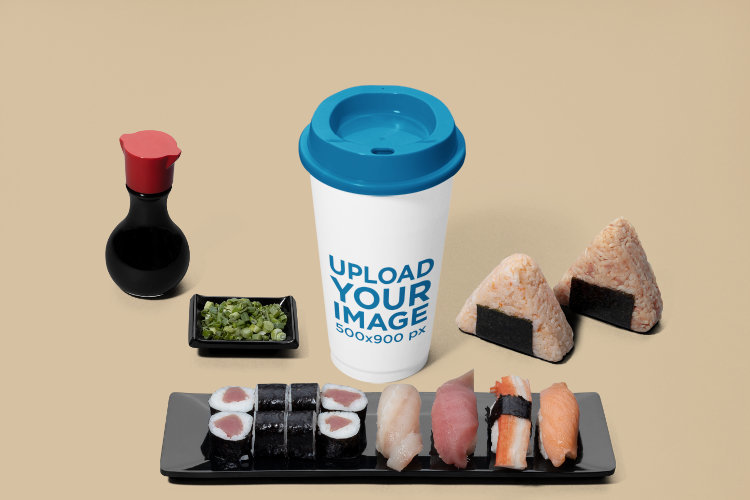 Mockup of a Coffee Cup Featuring Japanese Food Exchangeable Items
