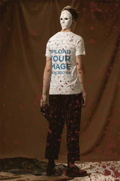 Back-View Mockup of a Man with a Blank Mask Wearing a Bella Canvas T-Shirt