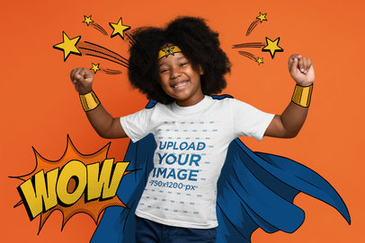 T-Shirt Mockup of a Smiling Girl with Afro Hair Wearing an Illustrated Hero Outfit