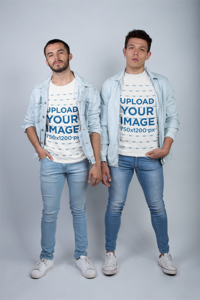LGBT Shirts Mockup of a Gay Couple Wearing Round Neck Tees and Jeans