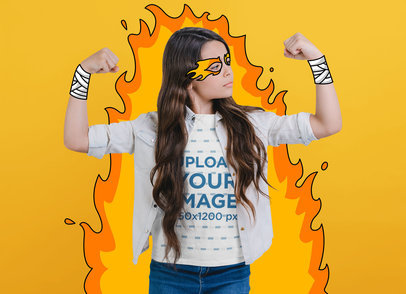 T-Shirt Mockup Featuring a Strong Girl With an Illustrated Superhero Custom