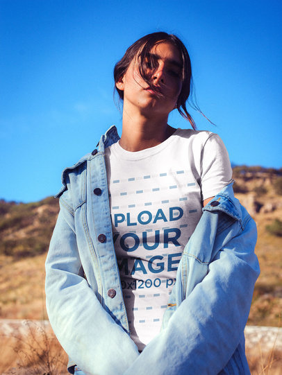 Woman Wearing a T-shirt Mockup at the Desert