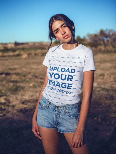 Brunette Woman Wearing a T-Shirt Mockup Outdoors