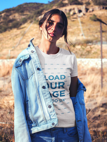 Portrait of a Woman Wearing a Round Neck Tee Mockup Outdoors