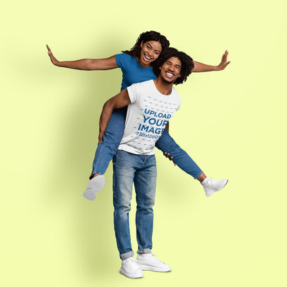 Round-Neck Tee Mockup Featuring a Cheerful Man Giving a Piggyback Ride to His Girlfriend m25665 r-el2