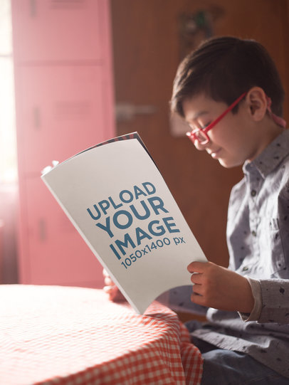 Boy Reading a Big Book Mockup After Lunch