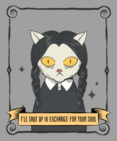 T-Shirt Design Creator Featuring an Illustrated Cat Inspired by Wednesday Addams