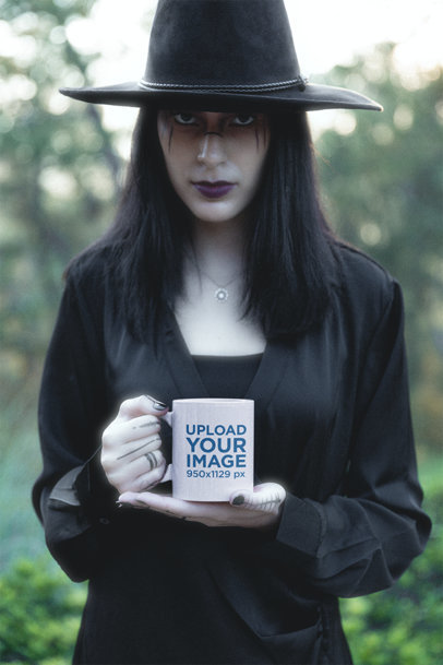 Mockup of an 11 Oz Mug Featuring a Woman With a Witch Costume