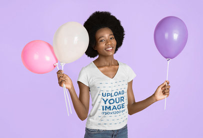 Deep V-Neck Tee Mockup of a Woman with Afro Hair Holding Colorful Balloons m21393 r-el2