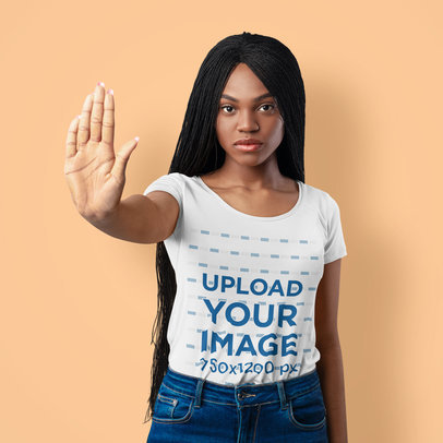 T-Shirt Mockup of a Woman with Long Hair Making a Stop Sign with Her Hand m29596 r-el2