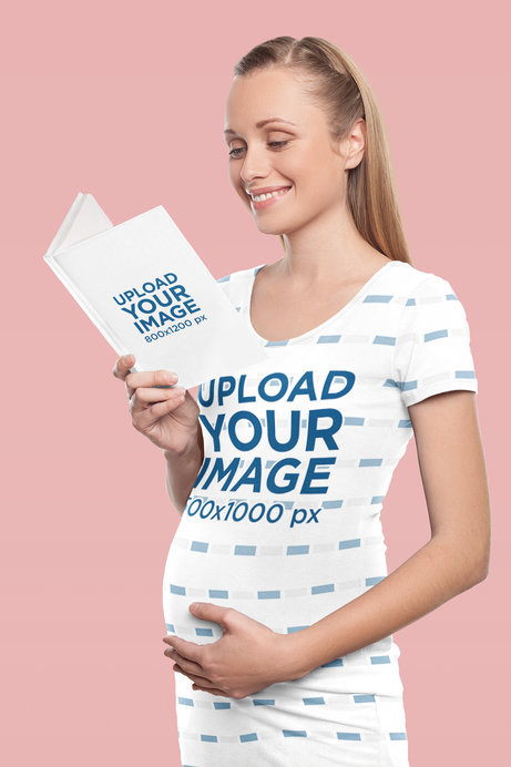 T-Shirt Dress Mockup of a Smiling Pregnant Woman Reading a Book