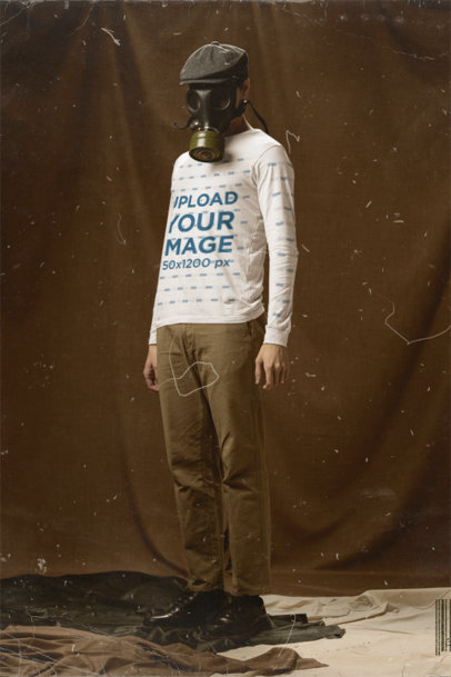Bella Canvas Long Sleeve Tee Mockup of a Man Wearing a Vintage Oxygen Mask m29568