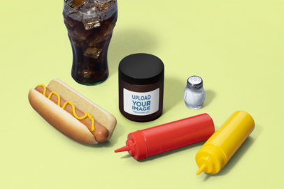 Label Mockup of an Amber Jar Surrounded by Customizable Fast Food Items