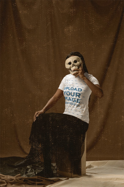 Bella Canvas Round-Neck Tee Mockup of a Woman with a Halloween Mask