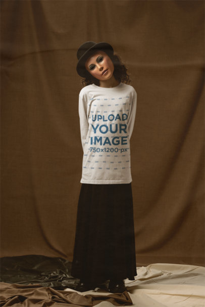 Bella Canvas Long Sleeve Tee Mockup of a Girl Wearing a Creepy Mask