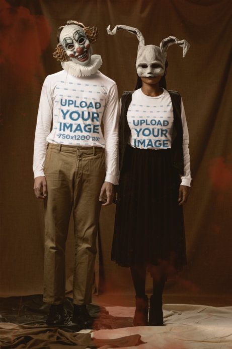 Long Sleeve Tee Mockup Featuring a Man and a Woman With Creepy Halloween Masks