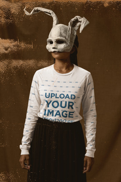 Mockup of a Woman with a Scary Bunny Mask Wearing a Bella Canvas Long Sleeve Tee