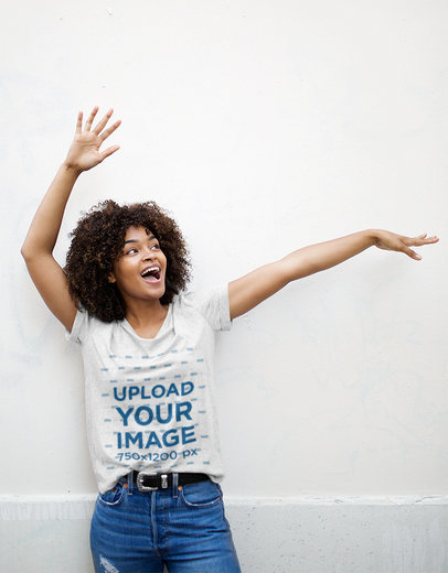 Round-Neck Tee Mockup Featuring a Happy Woman with Afro Hair